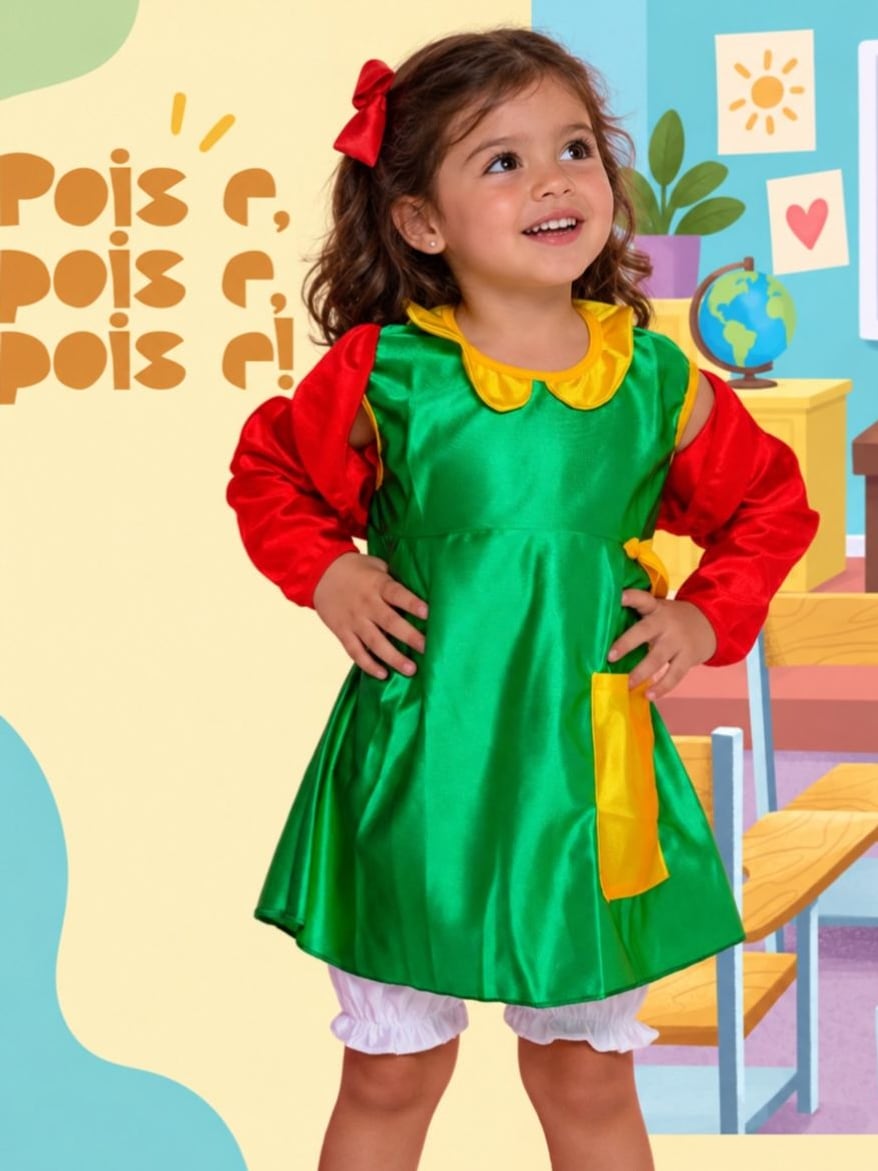 Menina com a fantasia de Chiquinha, vestido verde com mangas vermelhas e laço no cabelo